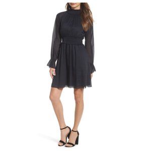 Chelsea28 Navy Smocked Neck Long Sleeve Chiffon Midi Dress XS *Like New!
